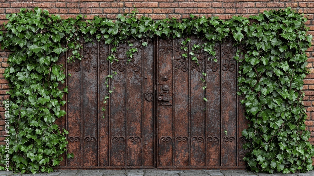 Rustic Iron Gate Surrounded by Lush Green Ivy on Brick Wall in Urban Setting Ideal for Nature and Architecture Themes Rustic Iron Gate Surrounded by Lush Green Ivy on Brick Wall in Urban Setting Ideal for Nature and Architecture Themes