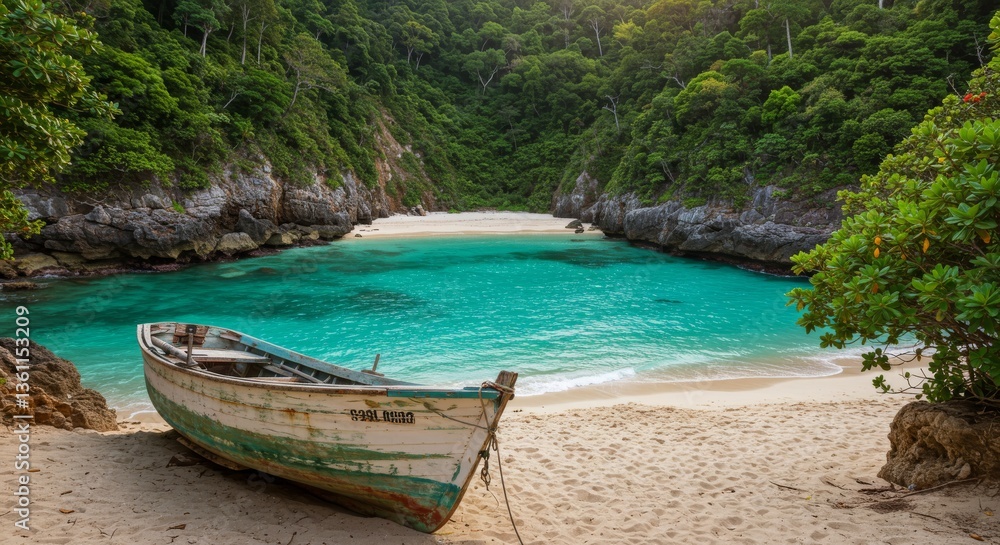 Obraz premium Secluded Tropical Beach Cove with Wooden Boat Turquoise Water Lush Green Foliage