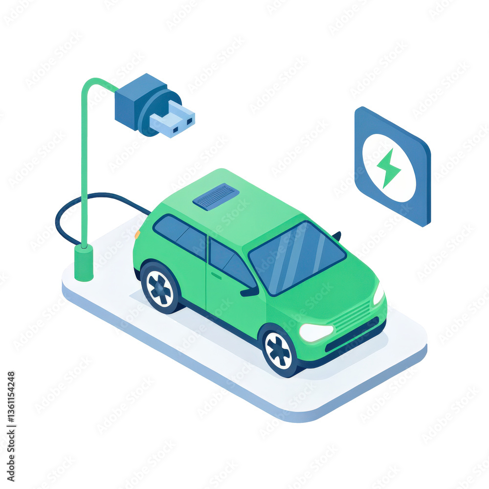 Naklejka premium green electric vehicle is charging at station, showcasing modern eco friendly transportation. minimalistic design emphasizes sustainability and innovation