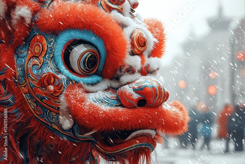 Colorful Traditional Lion Dance Mask Covered in Snowflakes with a Festive Background, Symbolizing New Year Celebrations and Cultural Heritage in Winter Settings