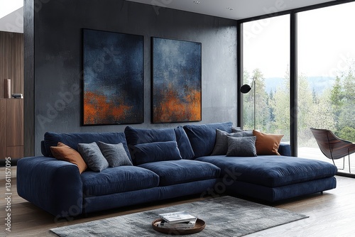 Modern Living Room with Cozy Dark Blue Couch, Vibrant Abstract Art on Wall, Large Windows Overlooking Scenic Nature Landscape