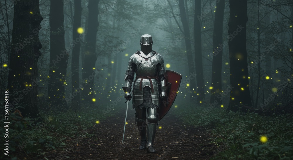 Fototapeta premium Medieval Knight Walking in Enchanted Forest at Night with Fireflies