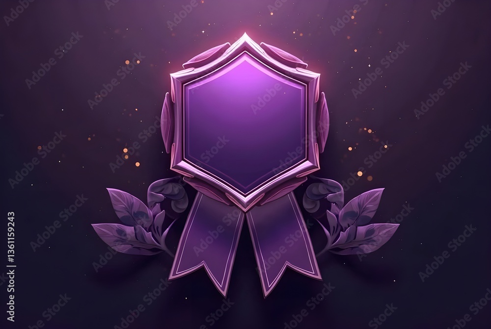 Fototapeta premium A vibrant purple badge with a decorative ribbon, symbolizing achievement or recognition, set against a subtle dark background.