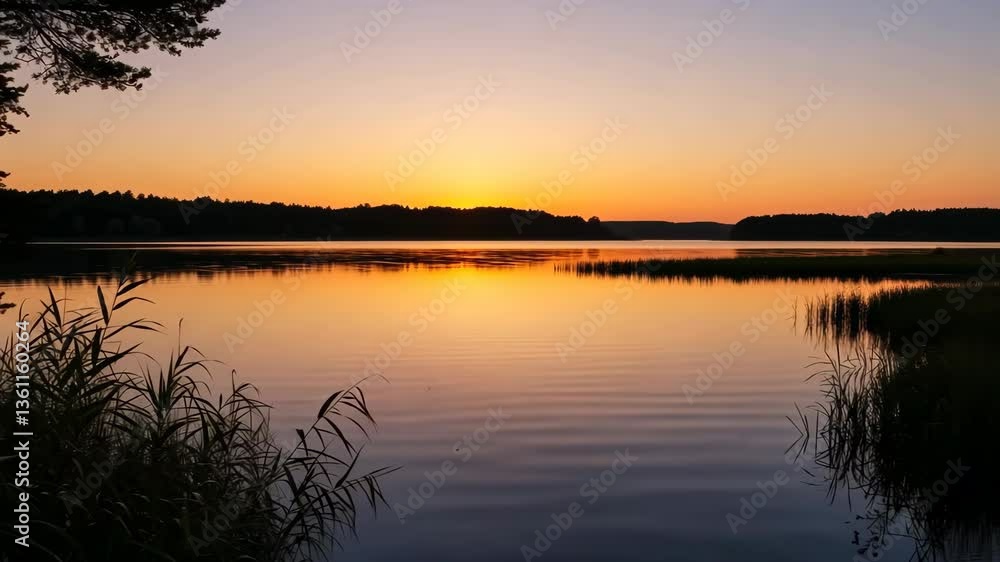 Serene Sunrise over Calm Lake, Trees Silhouette Serene Sunrise over Calm Lake, Trees Silhouette