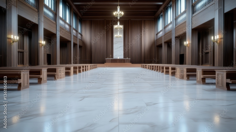 Fototapeta premium Grand, empty church hall. Spacious, wooden interior