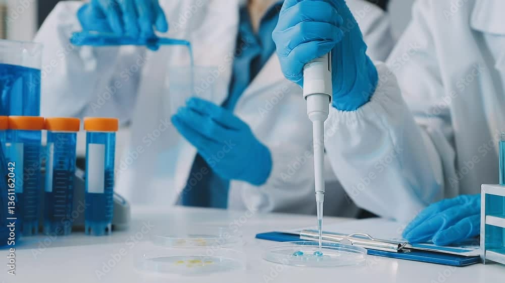 hand of scientist with test tube and flask in medical chemistry lab blue banner background hand of scientist with test tube and flask in medical chemistry lab blue banner background