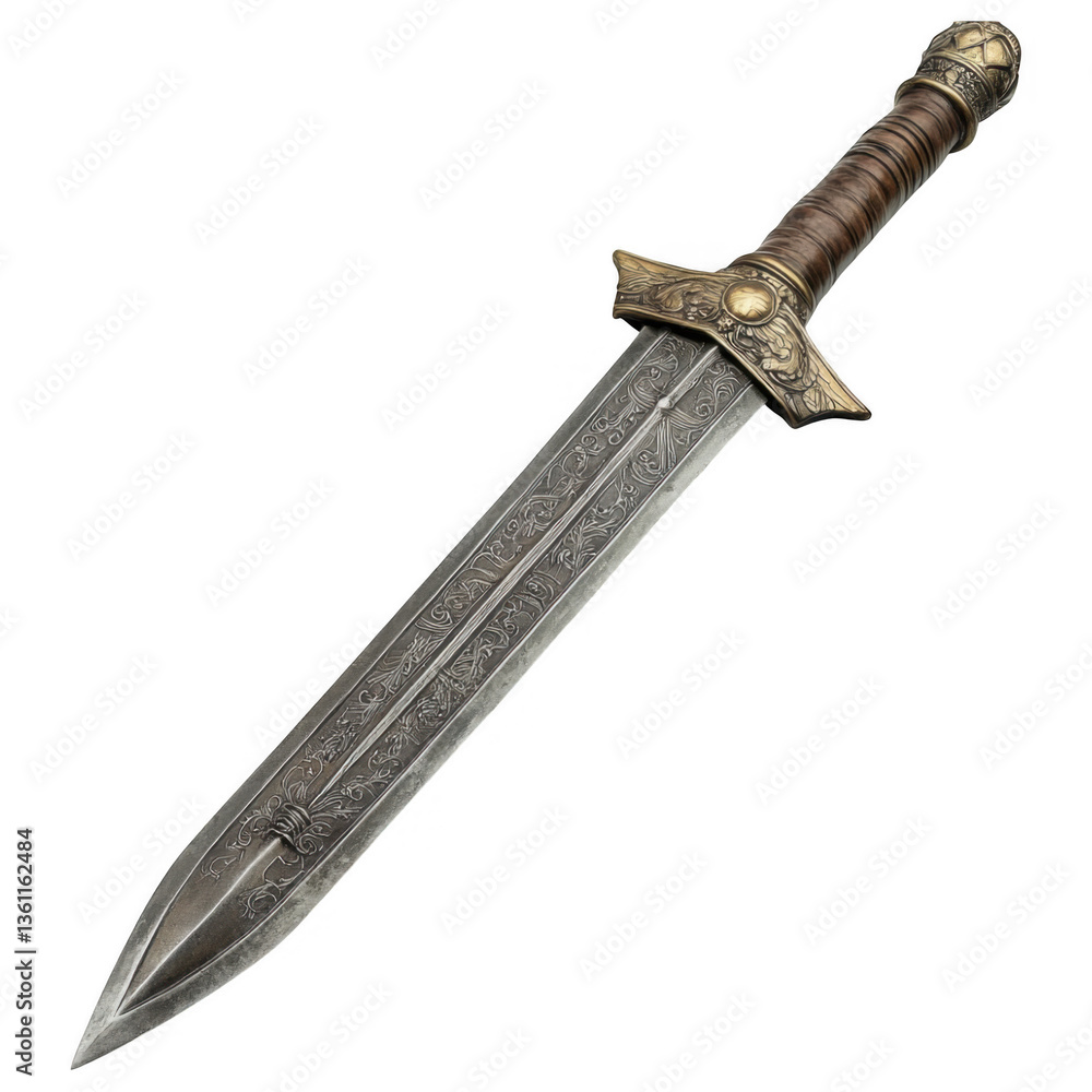 Classic medieval sword with gold hilt and steel blade, isolated on white background Classic medieval sword with gold hilt and steel blade, isolated on white background