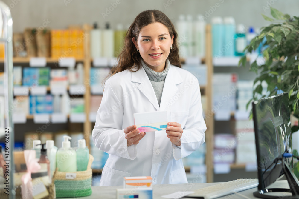 Portrait of female pharmacist working in a modern drugstore and offering to buy pills Portrait of female pharmacist working in a modern drugstore and offering to buy pills