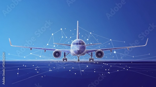 Digital line art of an airplane  with connecting data points and network connections in the background