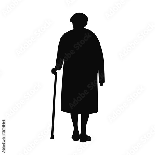Elderly Woman Silhouette Walking with Cane, Full Body Vector Illustration