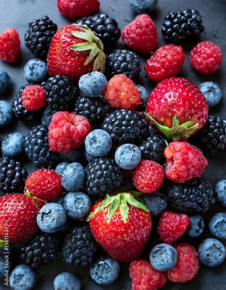 A vibrant assortment of fresh berries, including plump blueberries, juicy raspberries, glossy blackberries, and ripe strawberries, arranged in a visually appealing composition. A vibrant assortment of fresh berries, including plump blueberries, juicy raspberries, glossy blackberries, and ripe strawberries, arranged in a visually appealing composition.