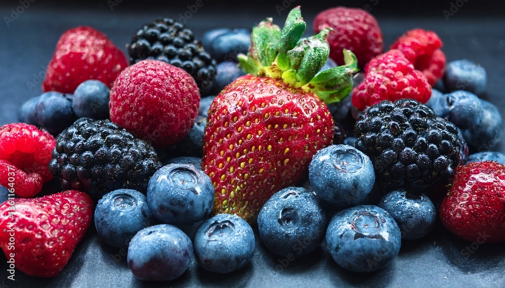 A vibrant assortment of fresh berries, including plump blueberries, juicy raspberries, glossy blackberries, and ripe strawberries, arranged in a visually appealing composition. A vibrant assortment of fresh berries, including plump blueberries, juicy raspberries, glossy blackberries, and ripe strawberries, arranged in a visually appealing composition.