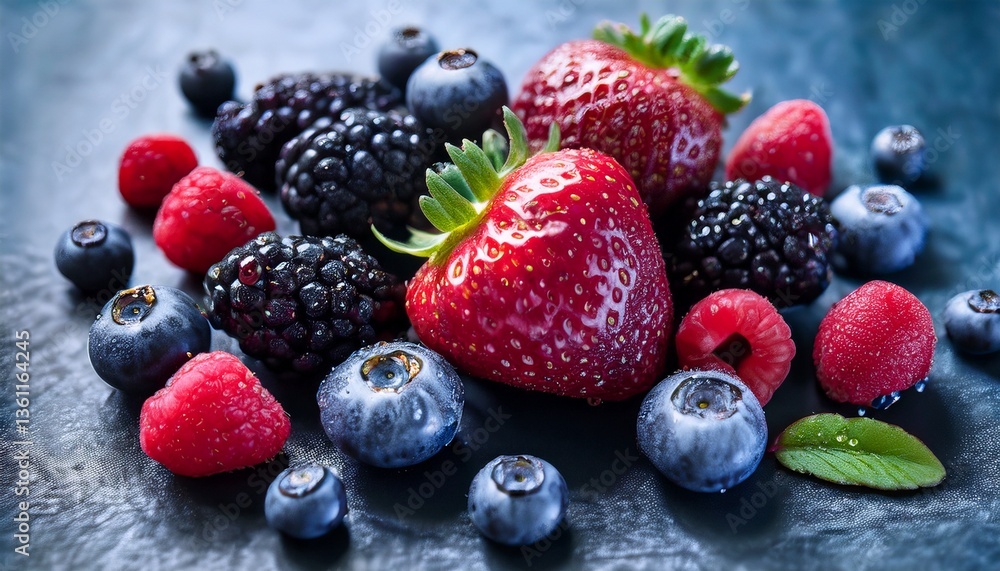 A vibrant assortment of fresh berries, including plump blueberries, juicy raspberries, glossy blackberries, and ripe strawberries, arranged in a visually appealing composition. A vibrant assortment of fresh berries, including plump blueberries, juicy raspberries, glossy blackberries, and ripe strawberries, arranged in a visually appealing composition.
