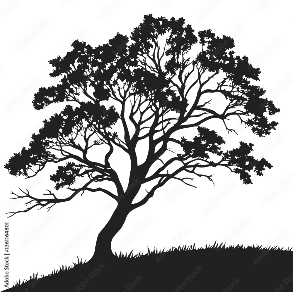 Tree Silhouette on Hill with Grass, Detailed Vector Illustration Tree Silhouette on Hill with Grass, Detailed Vector Illustration
