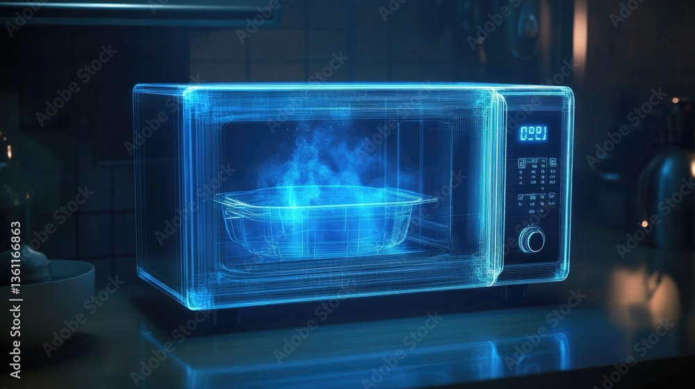 Futuristic microwave hologram with illuminated control panel in dark kitchen