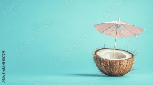 Wallpaper Mural Refreshing tropical coconut cocktail served in a whole coconut shell under a decorative parasol set against a serene turquoise background evoking a peaceful idyllic island vacation or retreat Torontodigital.ca