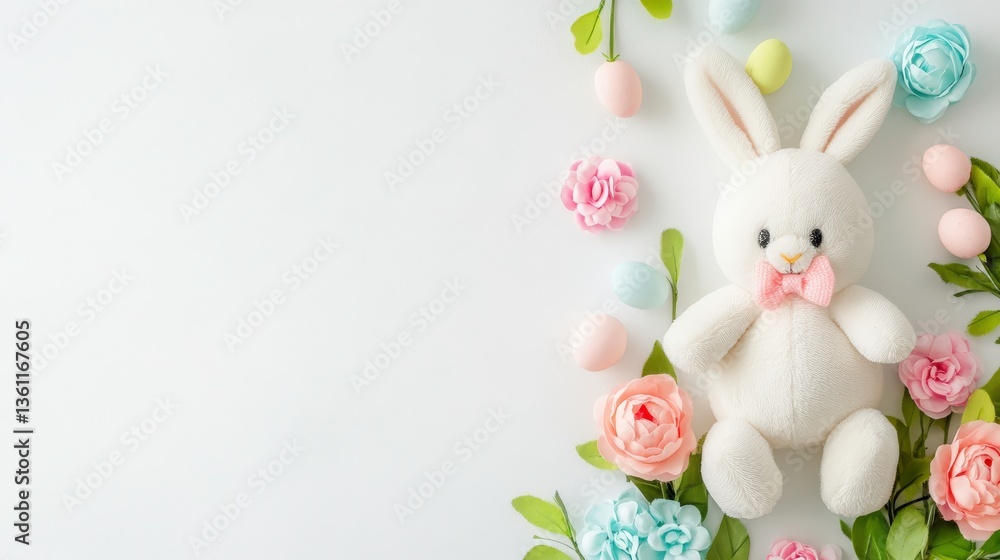 Obraz premium Bunny Plush Toy with Pastel Flowers on White Background