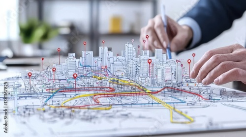 Detailed city map blueprint displaying the intricate layout and infrastructure of a bustling metropolitan area including various transportation networks commercial and residential zones