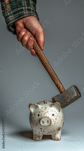 Hand smashing piggy bank