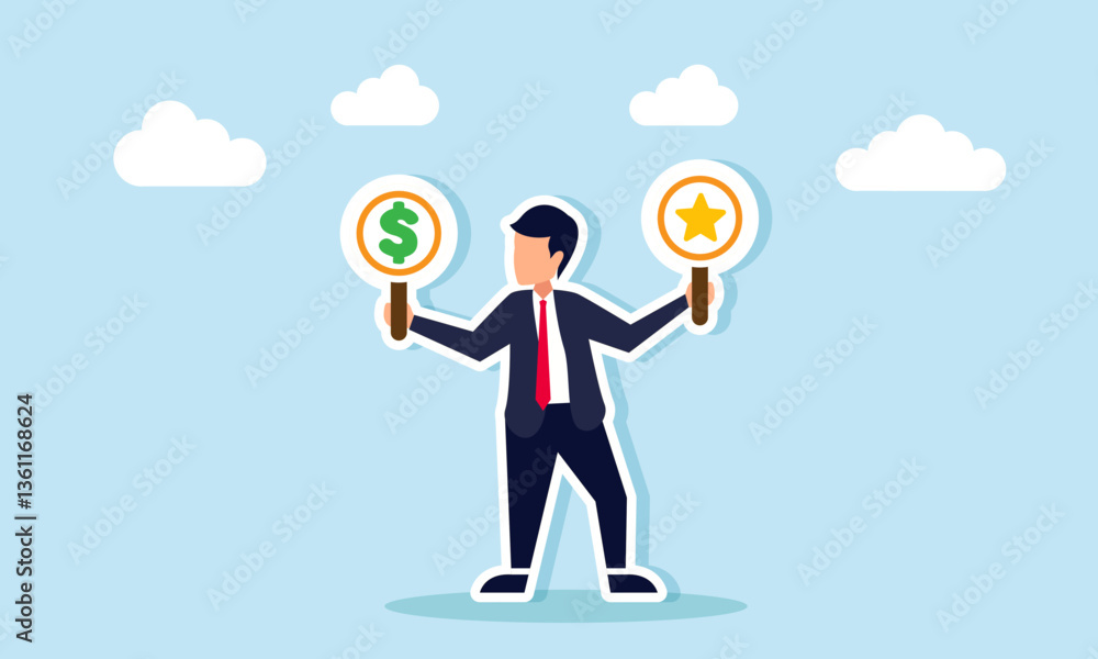 A businessman holds two boards in each hand, featuring a star and a dollar sign, illustration of two choices between gaining profit or improving business service quality A businessman holds two boards in each hand, featuring a star and a dollar sign, illustration of two choices between gaining profit or improving business service quality