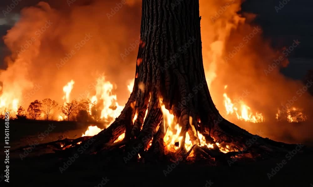 A large tree in the middle of a fire