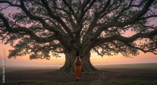 Woman in Orange Dress Contemplating Majestic Ancient Oak Tree at Sunrise