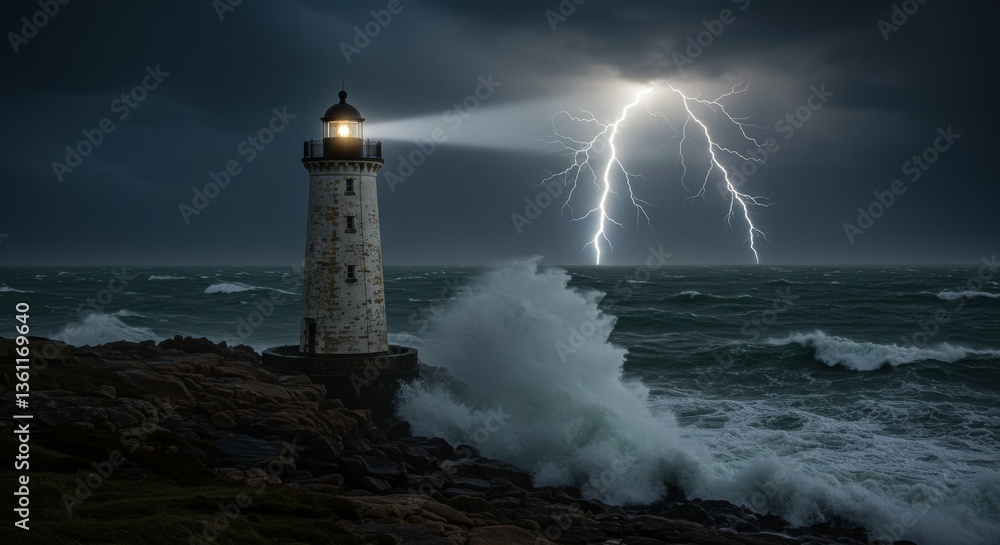 Dramatic Lighthouse Beacon Shining Against Powerful Ocean Storm with Lightning Dramatic Lighthouse Beacon Shining Against Powerful Ocean Storm with Lightning