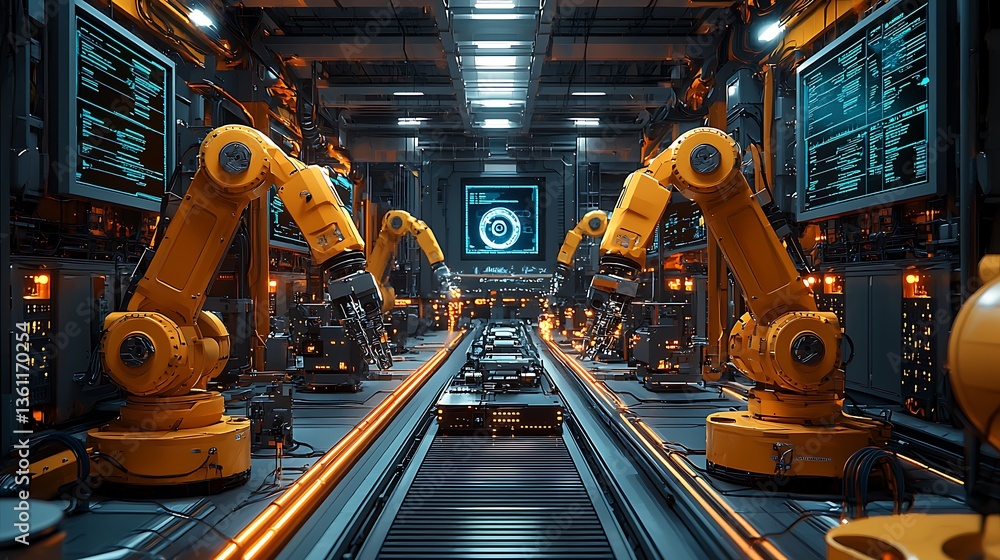 Futuristic robotic manufacturing plant with advanced systems high resolution picture Futuristic robotic manufacturing plant with advanced systems high resolution picture