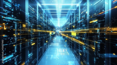 This striking image depicts a futuristic data center filled with an intricate network of illuminated servers  cables  and digital infrastructure