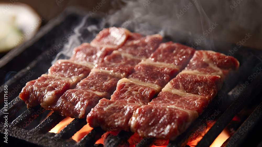 Sizzling Hida Beef Slices Cooking on Binchotan Charcoal Grill with Steam and Smoke in Japanese Cuisine Setting Sizzling Hida Beef Slices Cooking on Binchotan Charcoal Grill with Steam and Smoke in Japanese Cuisine Setting