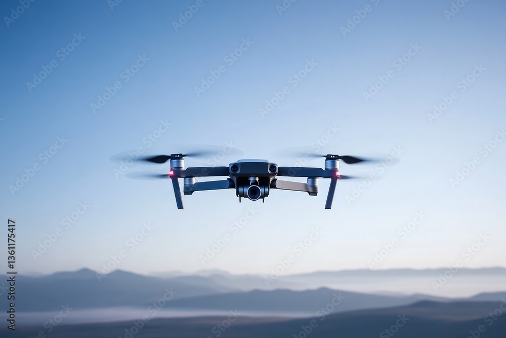 sleek drone hovering against clear blue sky casting its shadow below on expansive landscape open space on either side sleek drone hovering against clear blue sky casting its shadow below on expansive landscape open space on either side