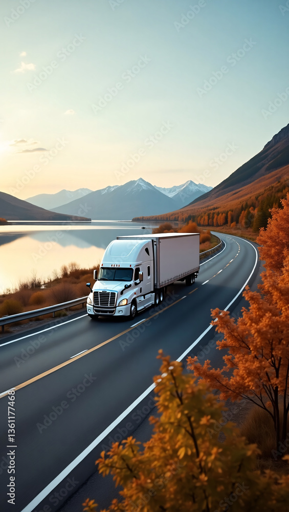 Obraz premium Freightliner Cascadia Driving on Scenic Highway at Sunset
