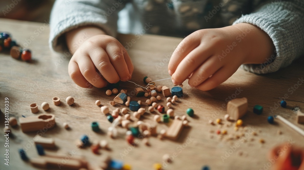 a zoomed-in perspective of a young child’s hands working diligently to thread small wooden beads onto a string, with various shapes and sizes of beads scattered around the scene is set against a a zoomed-in perspective of a young child’s hands working diligently to thread small wooden beads onto a string, with various shapes and sizes of beads scattered around the scene is set against a