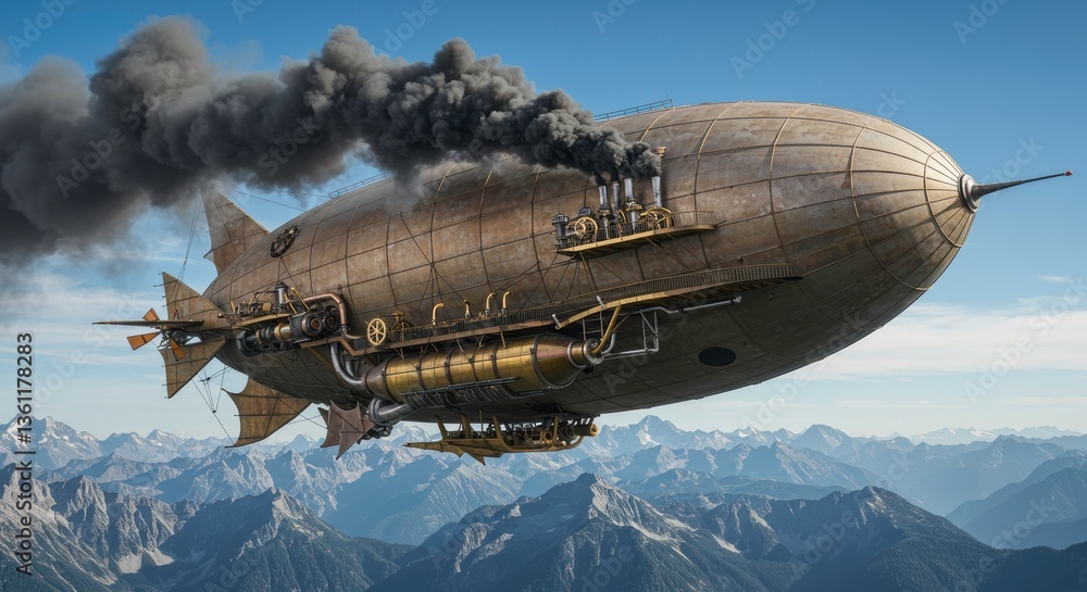Naklejka premium Majestic Steampunk Airship Soaring Above Mountain Peaks Vintage Dirigible
