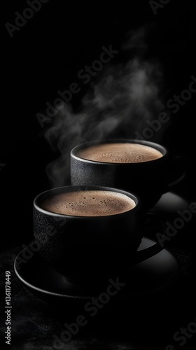 Steaming coffee cups on dark surface