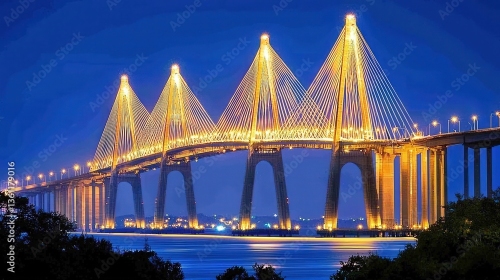 Obraz premium Illuminated cable-stayed bridge at twilight, spanning a serene waterway. Majestic architecture against a deep blue sky.