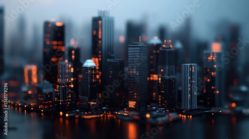 Futuristic Cityscape with Glowing Windows at Night, Modern Architecture and Urban Development