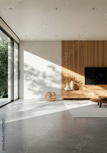Modern Minimalist Living Room with Wood Panel Wall and Sunlight