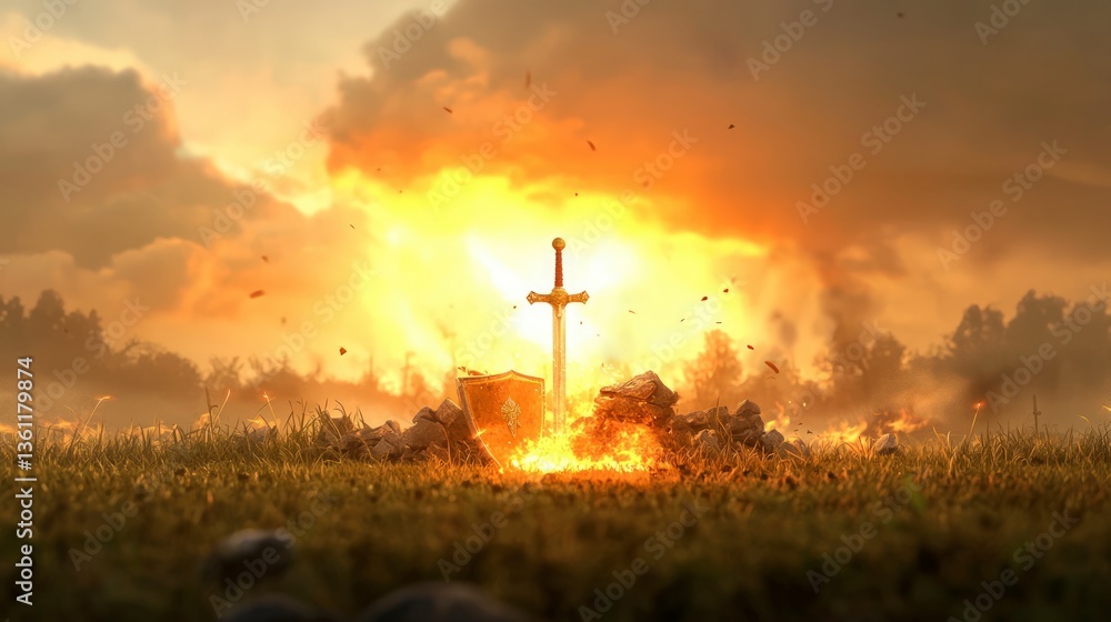 Obraz premium Fiery Sunset Sword Shield Quest Complete RPG Game Fantasy Epic Battle Golden Hour