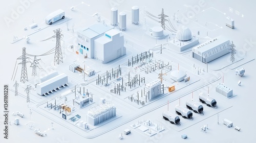 This innovative  minimalist and futuristic monochrome image depicts an abstract  isometric cityscape showcasing advanced power transmission and distribution infrastructure