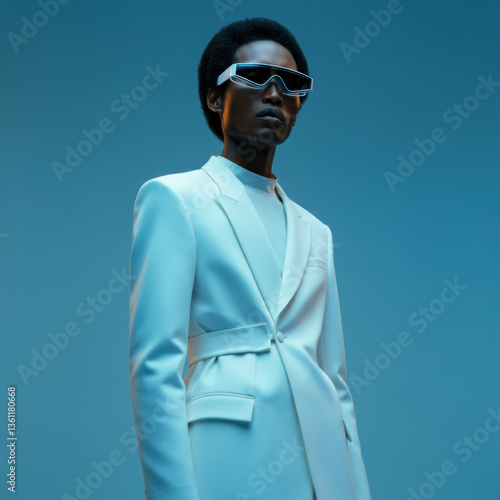 Futuristic Fashion Portrait of Black Man in White Suit and Sunglasses on Blue Background