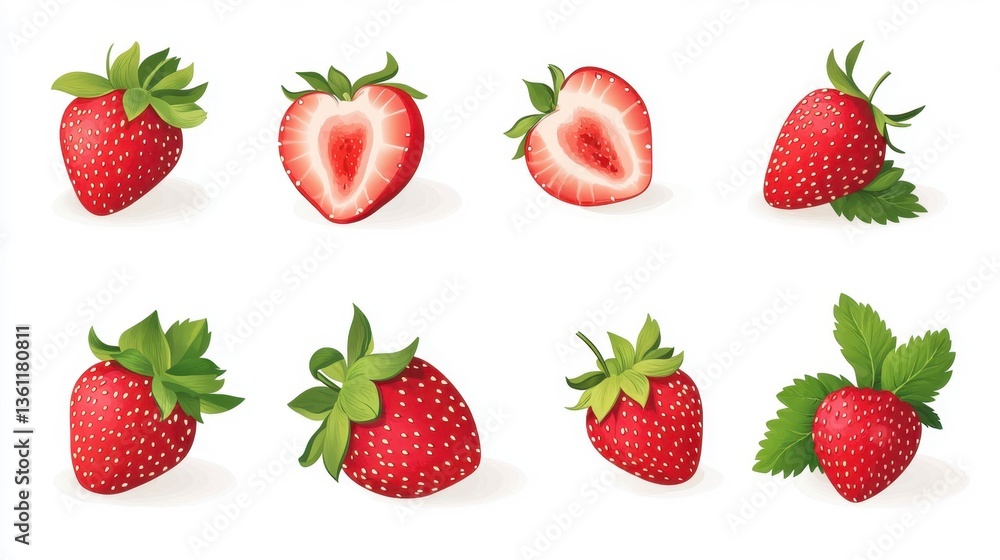 Fresh and Juicy Strawberries with Varied Cuts and Textures Displayed Fresh and Juicy Strawberries with Varied Cuts and Textures Displayed