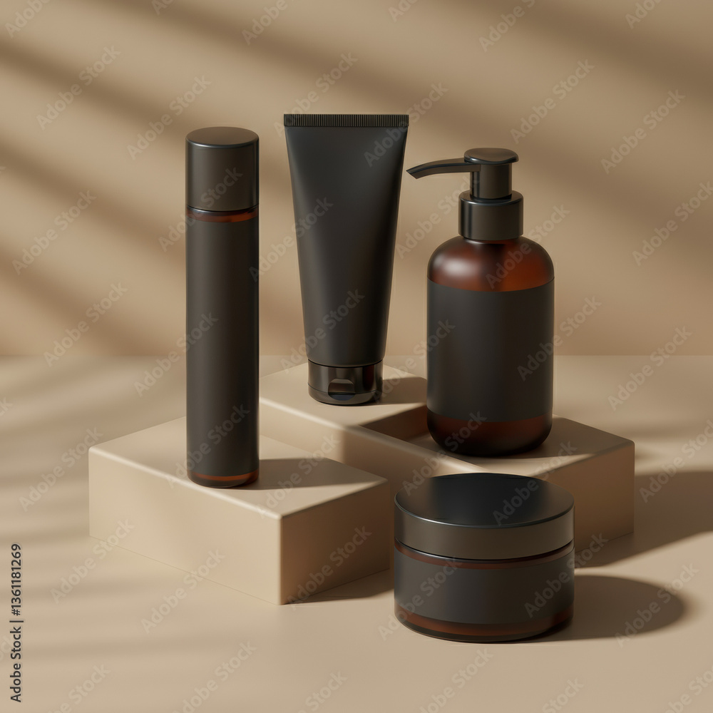 Minimal Skincare Packaging Set with Matte Black and Amber Bottles Minimal Skincare Packaging Set with Matte Black and Amber Bottles