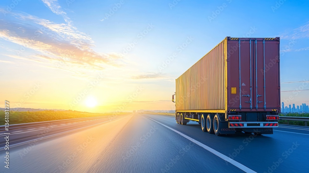 Scenic sunset highway drive, truck on open road during golden hour Scenic sunset highway drive, truck on open road during golden hour