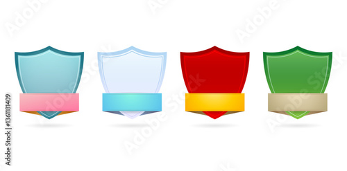 Label badge Colorful shields with ribbons isolated on white backgrounds for webs design, user interface apps, banner poster elements, flyer, brochure catalogue, booklet, year book pages, photo frames