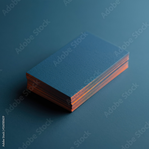 Stack of Blue Business Cards with Copper Edges on Blue Background