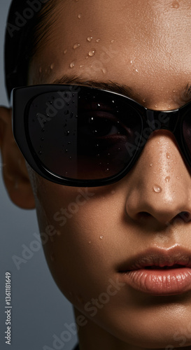 Close-Up of Woman Wearing Sunglasses with Water Droplets