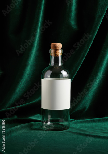 Glass Bottle with Blank Label on Velvet Green Background