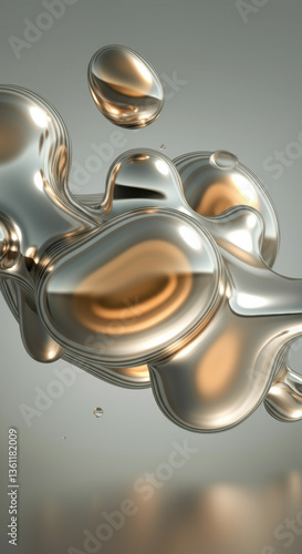 An abstract metallic and golden liquid form suspended in space, creating an illusion of futuristic elegance. Organic and high-tech at once, it evokes movement, transformation, and luxury design.