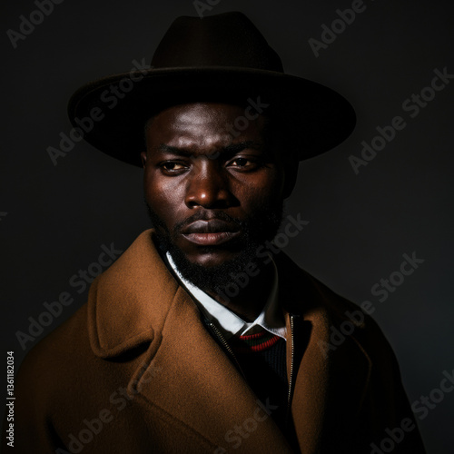 A man with a contemplative expression wears a classic overcoat and hat, bathed in dramatic lighting. The color palette evokes film noir, with a strong presence and character.
Style: Editorial male por